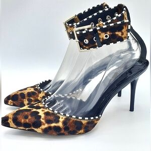 B Brian Atwood leopard print ponyhair ankle strap pumps heels. Sz 9.5.